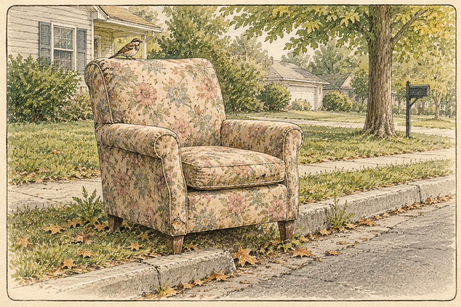 Pen-and-watercolor illustration of a faded floral armchair left on a suburban curb in autumn, with a sparrow perched on its back, fallen leaves at its feet, and houses and a mailbox behind.
